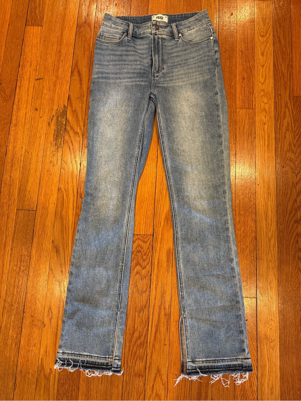 PAIGE Cindy High Rise Straight Leg Jeans Raw Hem Side Slit Light Wash Size 27